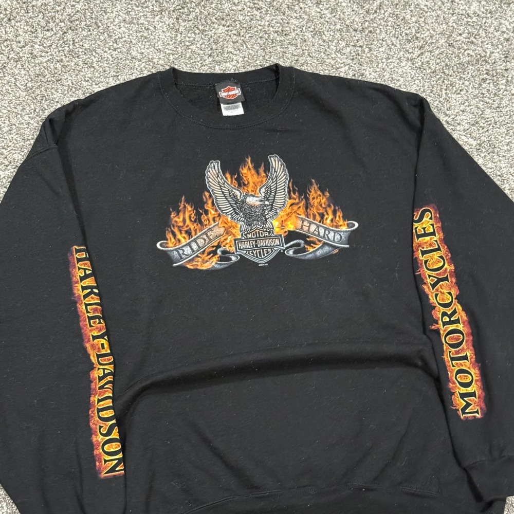 VTG 00s Harley-Davidson Flame Sweatshirt Mens 3XL Black Eagle Flame Sleeves MN